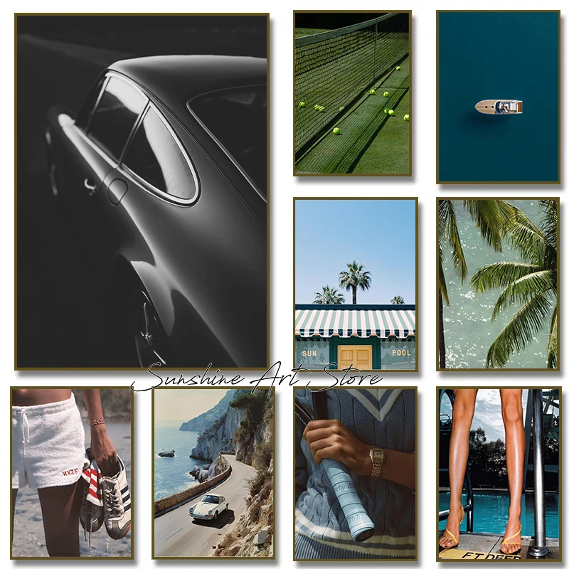 Rétro vieil argent esthétique luxe voiture Yacht palmier vocation été côte Photos affiche toile peinture mur photo décor à la maison