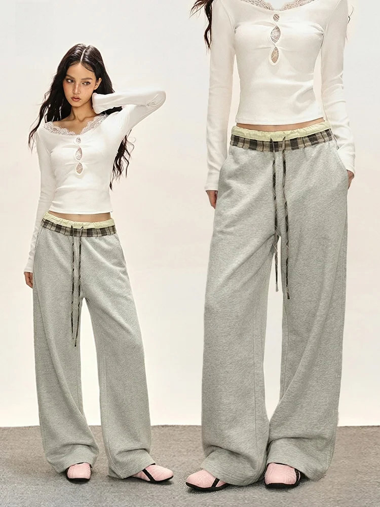 

November Spring Autumn New Loose Grid Splicing Drawstring Loose Sweet Style Slimming Sport Pants Versatile Ladies Casual Trou...