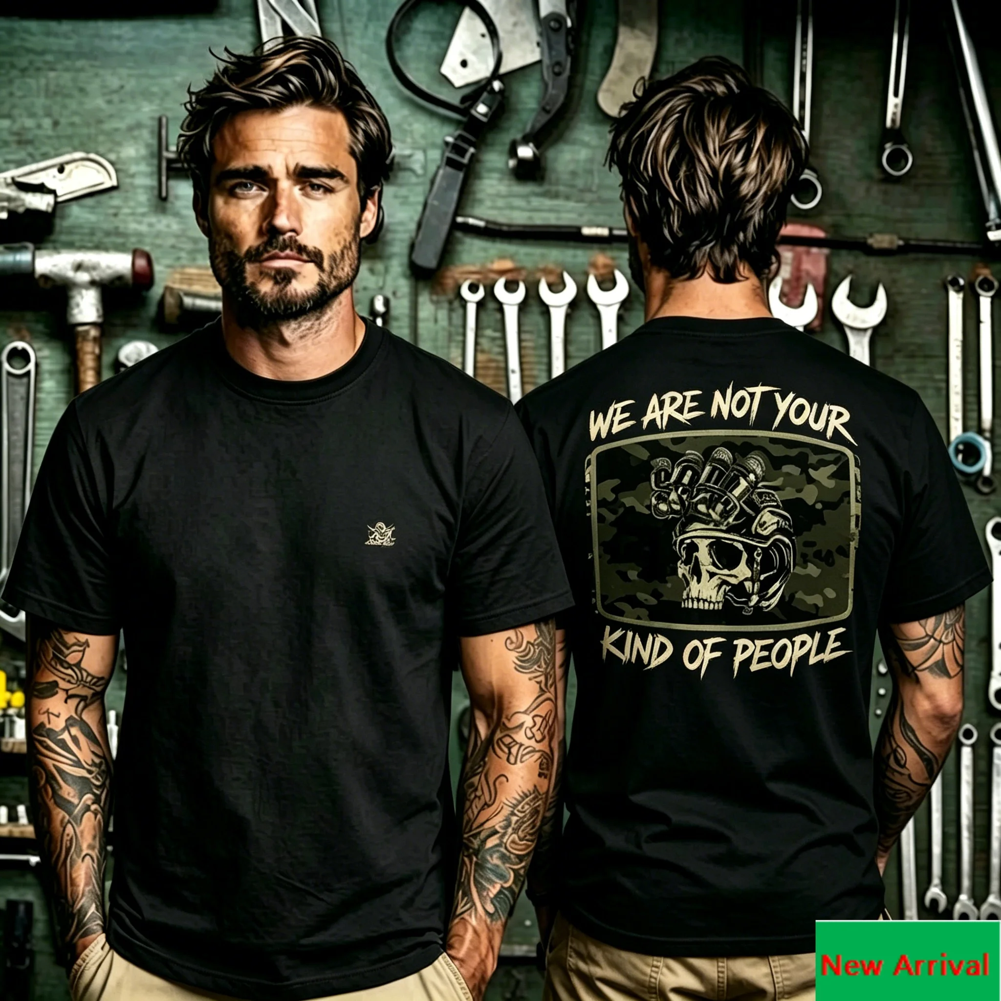 We Are Not Your Kind of People Tactical Skull Helmet Camouflage Graphic Back Print T Shirt with Front Small Badge Print