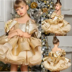 Gold Flower Girl Dress With Bows for Wedding Satin Knee Length Elegant Baby Kids Birthday Party First Communion Party Gown