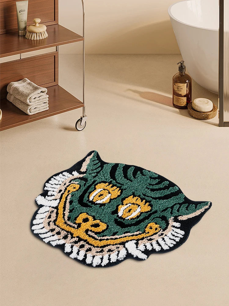 Vintage Tibetan Tiger Face Tufted Rug for Bathroom Living Room Cute Animal Tiger Head Fluffy Carpet Bath Mat Art Home Decor