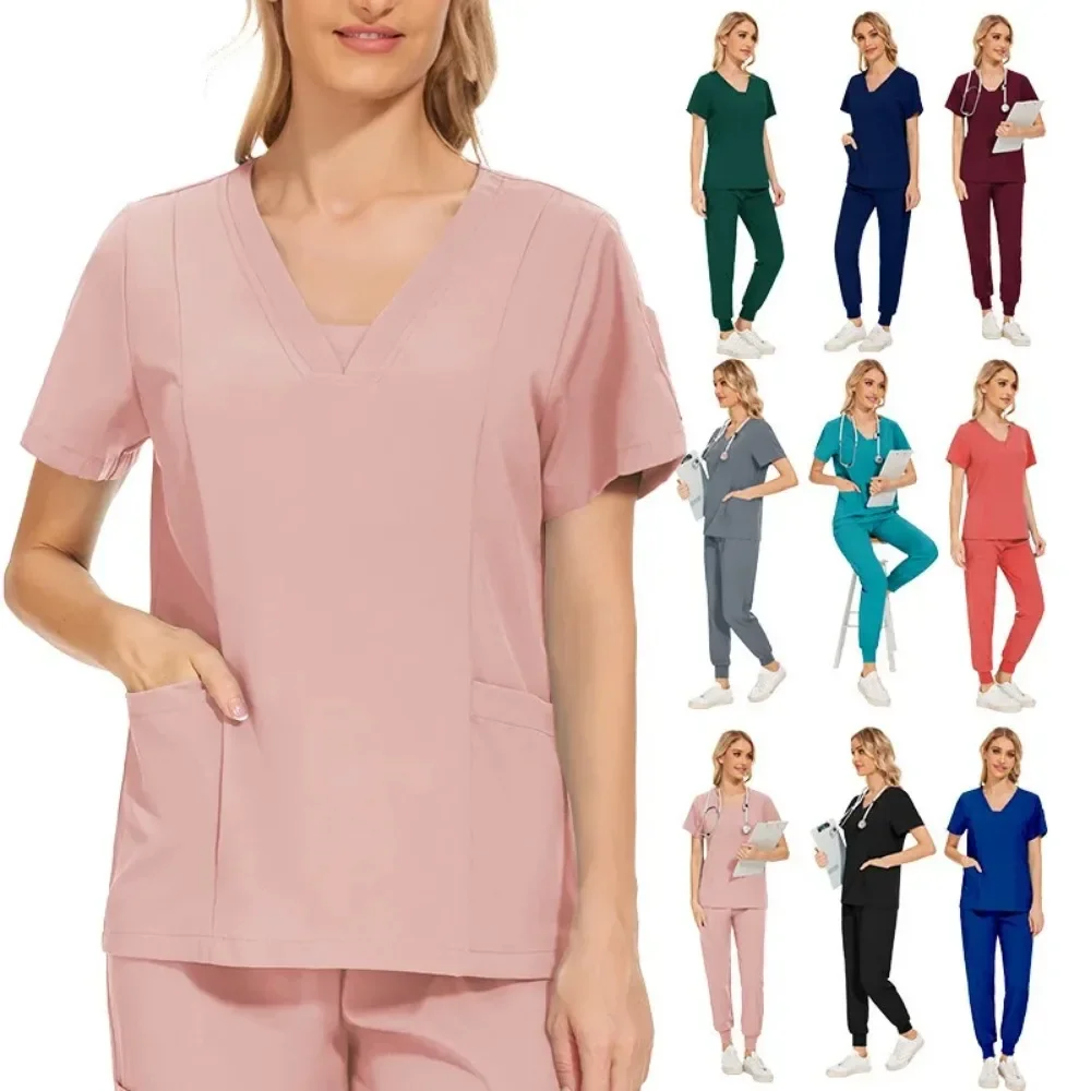 

Women's Short Sleeved Surgical Suit, Pet Doctor Suit Fashionable and Minimalist V-neck Uniform, Medical Work Uniform