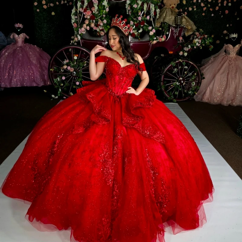 Red Glitter Quinceanera Dresses Off Shoulder Ball Gown Sweet 16 Dress Applique Lace Beading Crystal Bow Tull Party Birthday Veti