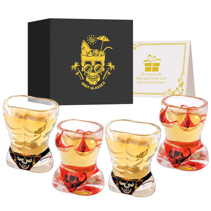 4pcs/set Muscle Man Bikini Skull Design Clear Shot Glasses 30ML Wine Cup for Halloween Kitchen Party Club Wedding Gift Set image 2
