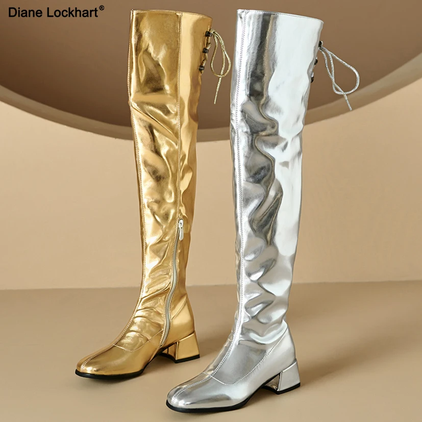 

Women's Thigh High Boots Winter Shoes Gold Silver Rear strap Low Heeled Long Boot Ladies Party Footwear Shoes Size 45 Waterproof