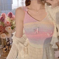 Summer Dopamine Colored Stripes Butterfly Knitted Tank Top Women V Neck Sleeveless Slim Camisole