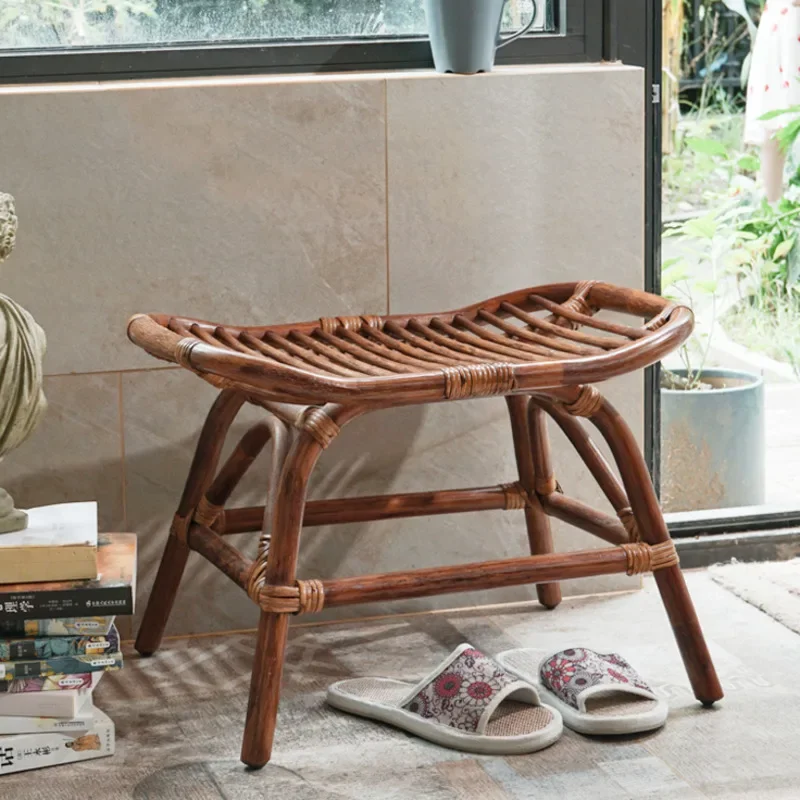 Vintage Sofa Footstool Household Porch Change Shoe Stool Furniture Japanese Style Balcony Courtyard Leisure Rattan Weaving Chair