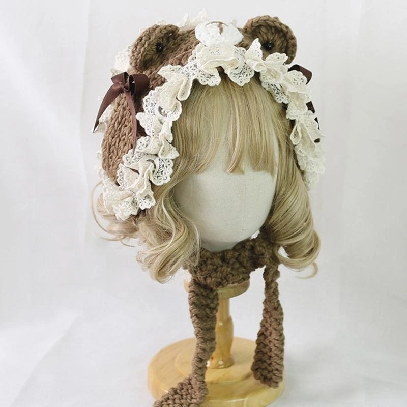 

Girl Beanie Hat Headband Lace Bear Ears Knitted Hat Woolen Hat for Outdoor Activities Festival Party