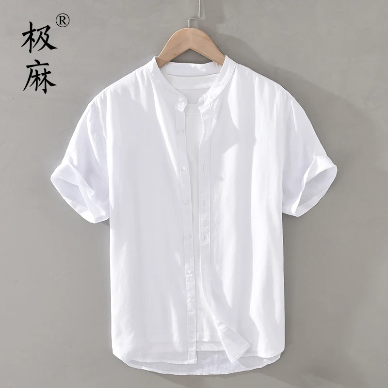 

Loose Fit Linen Cotton Shirt Men's Casual Short Sleeve Stand Collar Summer Youth Fashion Urban Style Gentle Sheen Soft Glow