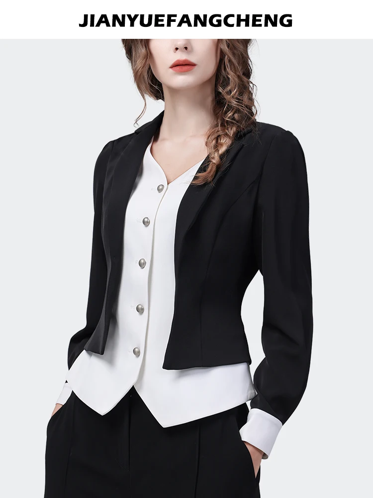 2024 Spring New Fake Two Pieces Design Women Long Sleeve Shirt Elegant Slim Black-white Color Blocking Work Casual Blouses