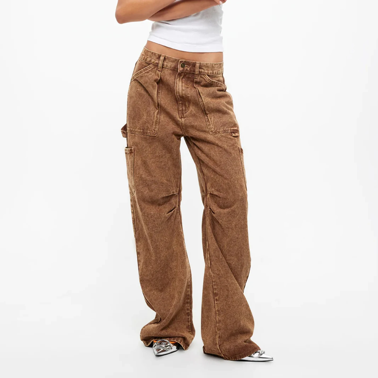 

Vintage Women's Cargo Pants Solid Color Casual Loose Trousers Sweatpants Straight Bottoms with Pockets Fashion Streetwear