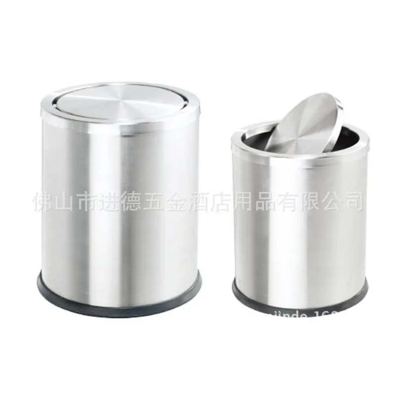 Special offer flip-top single-layer guest room bucket, hotel trash bin, black paint, thickened stainless steel, guest room flame