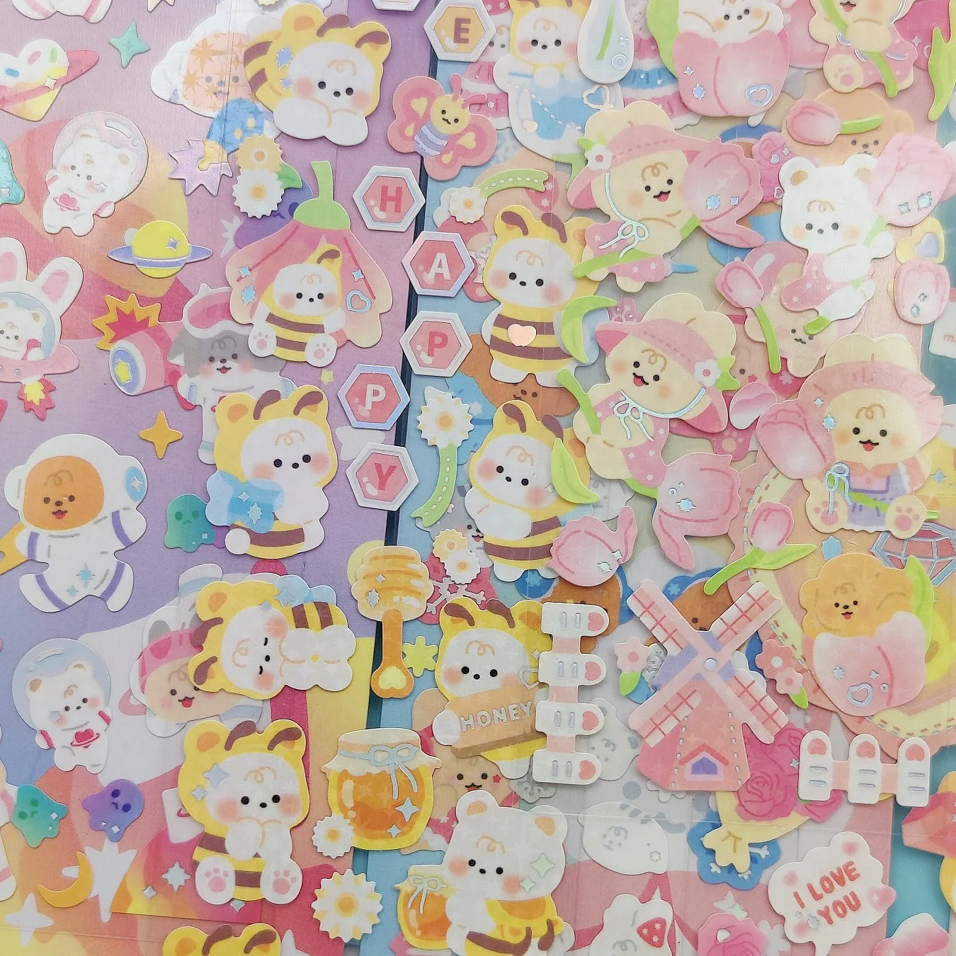 Cute Cartoon Teddy Goo Card Sticker Ins Star Diy Small Card Sticker Laser Shiny Mobile Phone Decoration Material