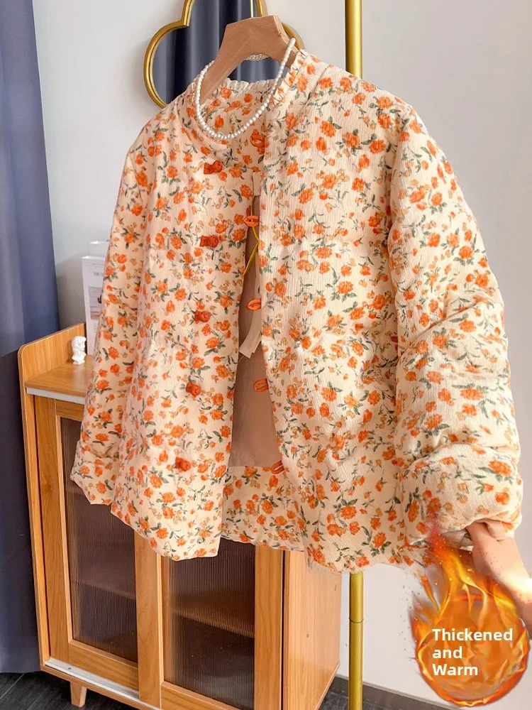 

Thiened Cotton down Jaet Women's Retro Floral Print Button Front Closure Patchwork Cotton Winter Outerwear Coat