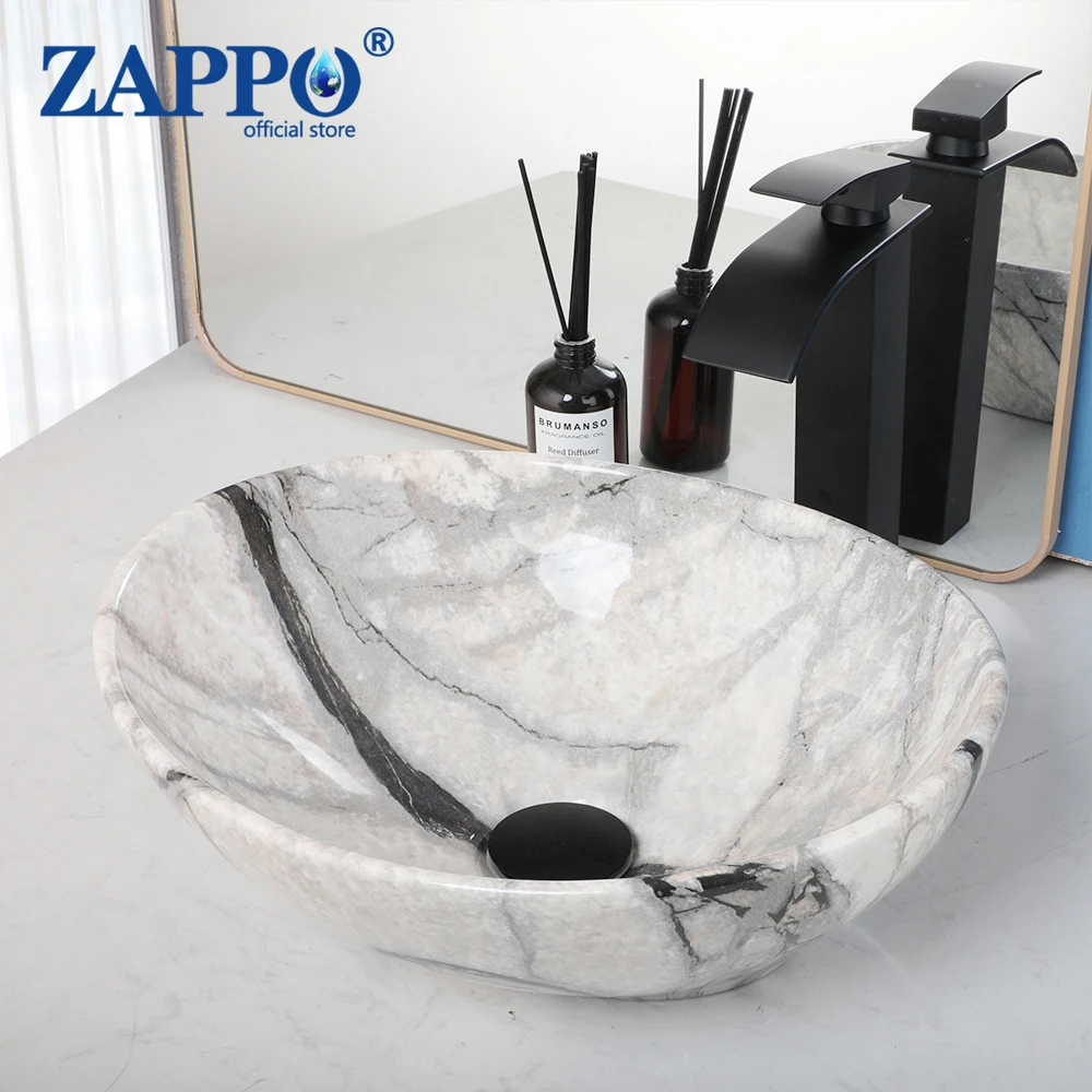 ZAPPO Marble Pattern Ceramic Vessel Sink Set Black Matte Faucet Combo Modern Bathroom Above-Counter Basin Vanity Sink Basin