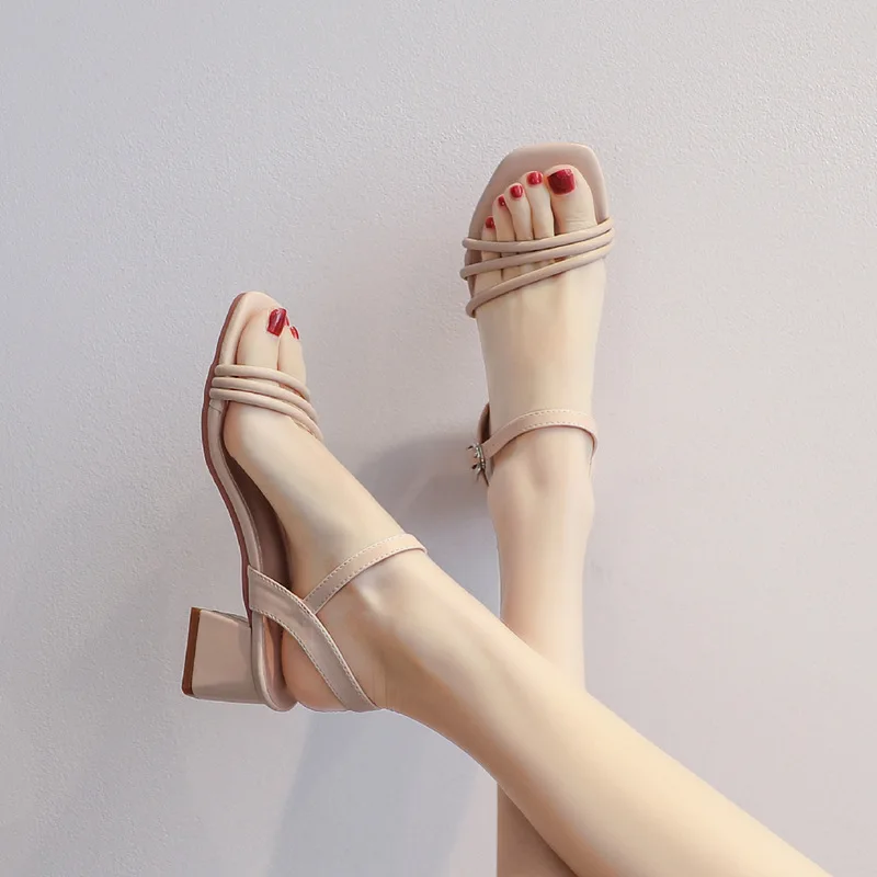 

Sandals for Women Beach Footwear Black Summer New One Word Ladies Shoes with Medium Heels Square Comfortable and Elegant Sale F