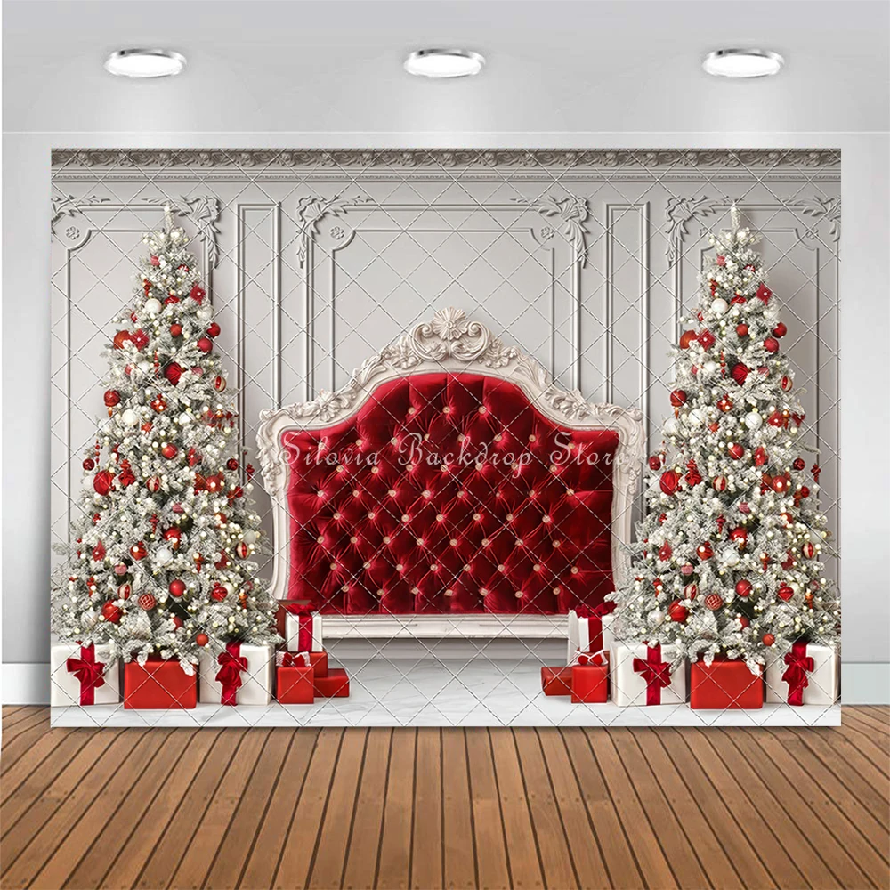 Crimson Christmas Headboard Photography Backdrops Adult Kid Portrait Photocall Background Red Xmas Tree Decor Photo Studio Props