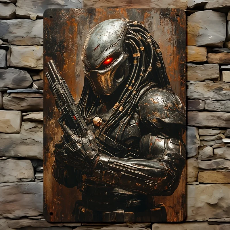 Vintage Predator & Skull Helmet Metal Tin Sign - Heavy-Duty Retro Action Movie Decor Poster -    Metallic Finish - Easy Hang wit
