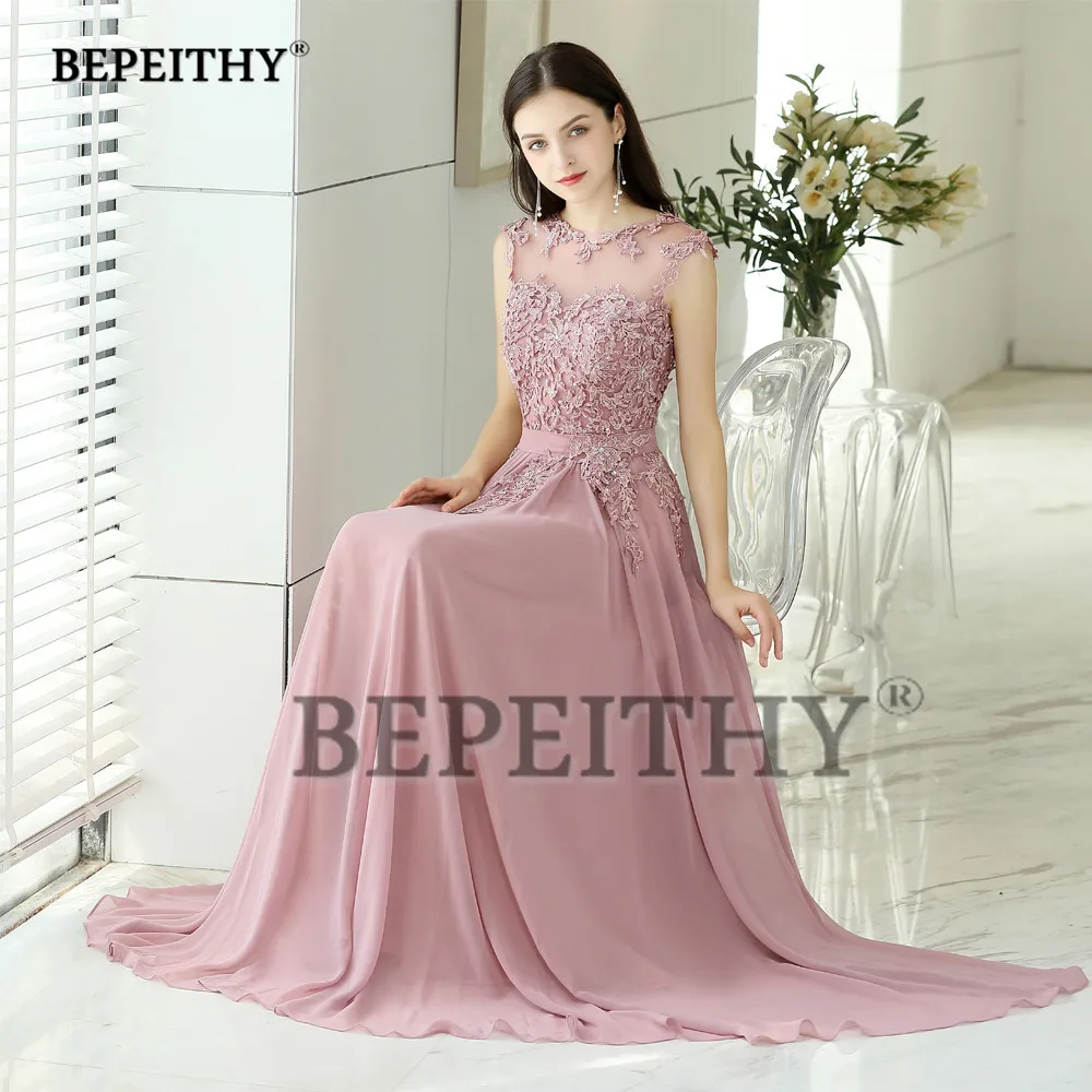 BEPEITHY Customized A-line Pink Evening Dresses Lace Robe De Soiree Vintage Prom Dress With Belt Chiffon Vestidos De Noche 2023