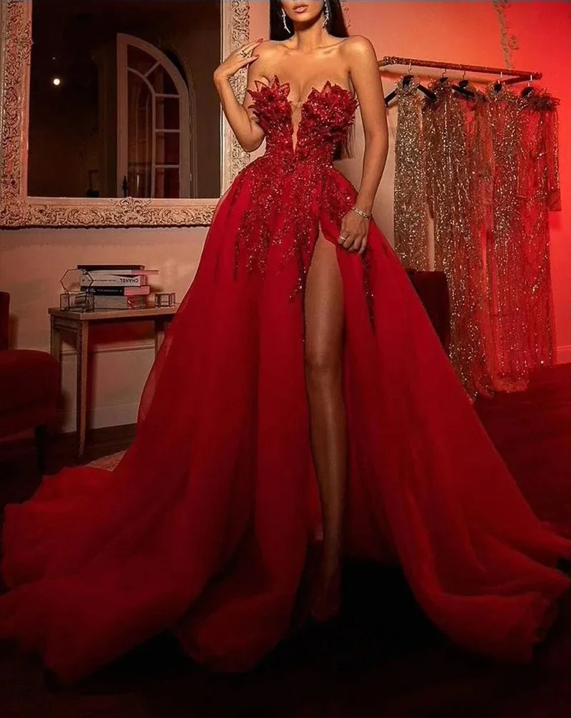 

New Arrival Women Red Prom Dresses Elegant Side Slit Sweetheart Strapless Ball Gown Formal Party Evening Dress vestidos de gala