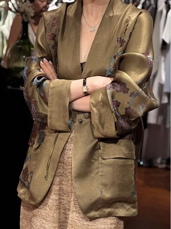 

Новый китайский Sle с цветочным принтом, женский весенне-осенний роскошный кардиган в стиле ретро, элитный длинный свеч с открытым верхом