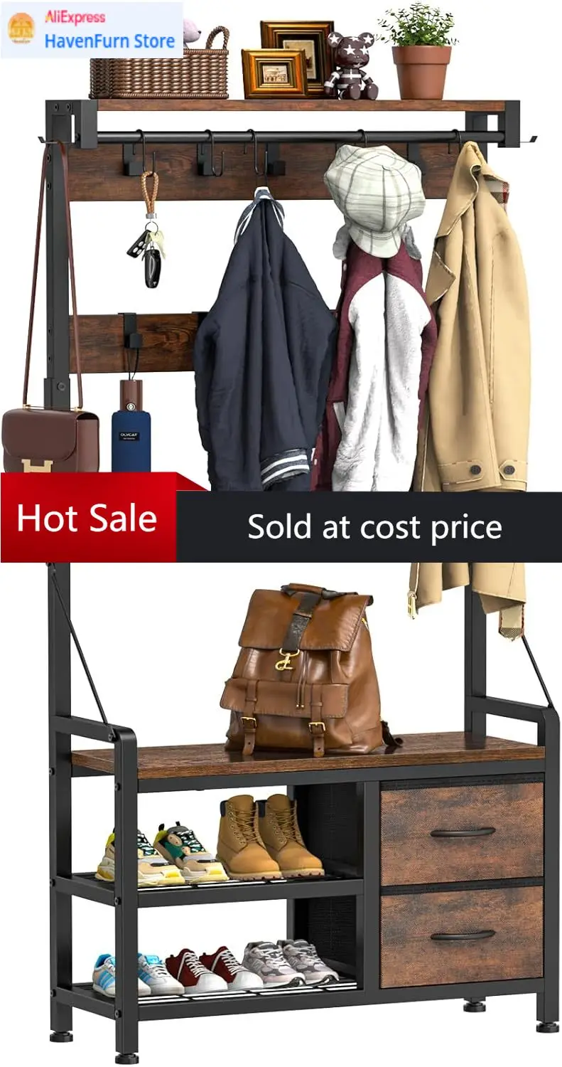 

Hall Tree, 31.5” Entryway Bench with Coat Rack freestanding, 5 in 1 Intelligent Design Shoe Bench and Wall Rack 17 Hooks and Dra