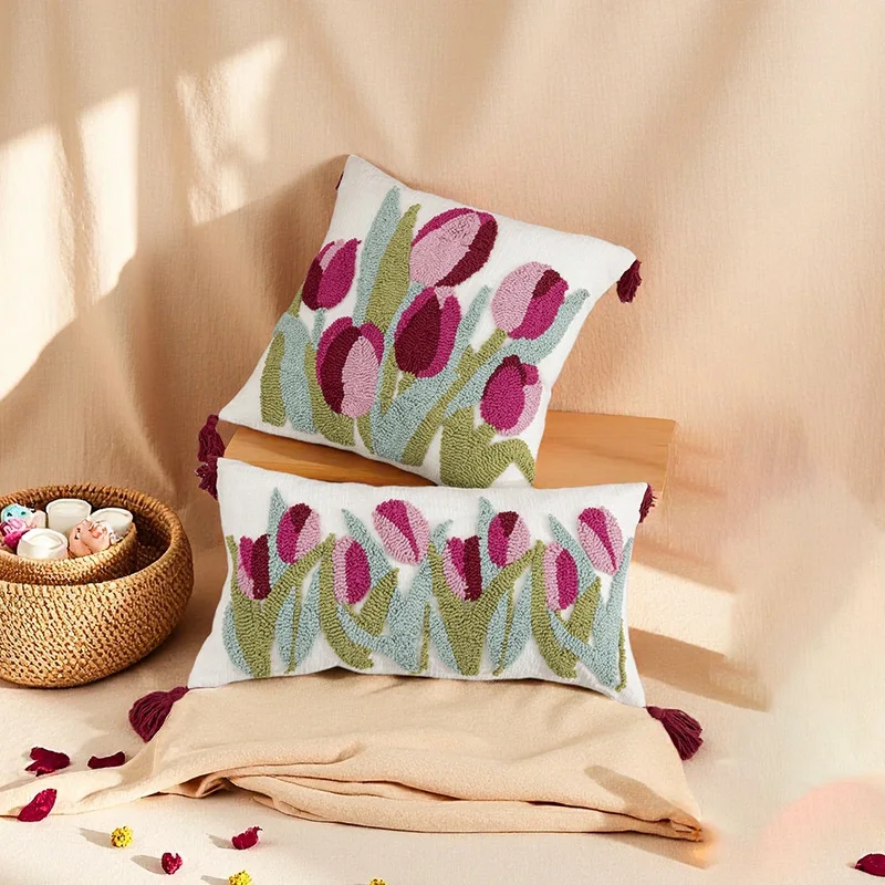 Plants and Flowers Countryside Style Velvet Pillowcase Embroidered Tassel Flower Pillow Sofa Cushion Наволочка