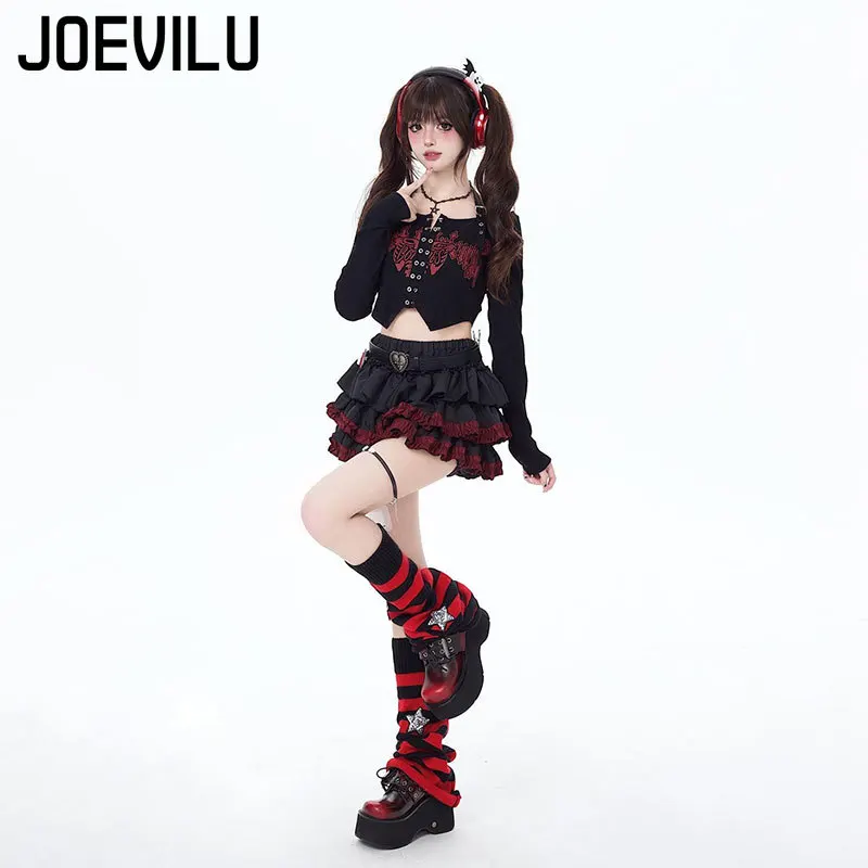 JOEVILU Punk Y2K Baddie Set Gonna torta slim fit scura Top corto con scollo all'americana e set da due pezzi Abito da donna di nicchia in stile coreano
