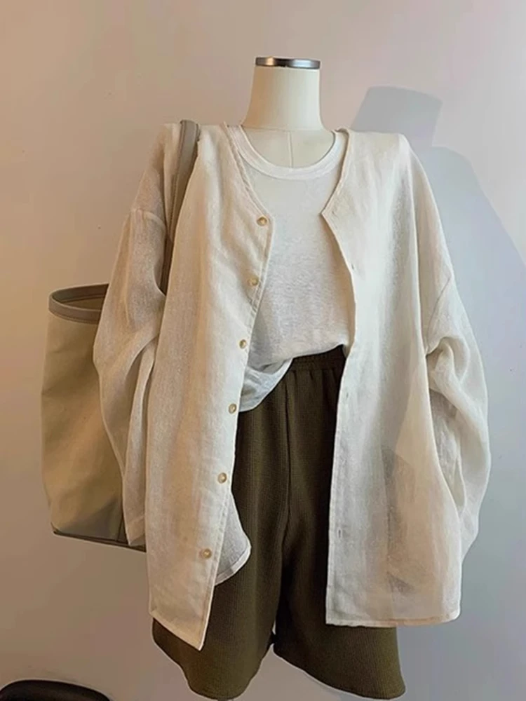

Retro Linen Cotton Sun Protection Shirt Women Summer Loose Long Sleeve Small Size Linen Cotton Shirt Jacket Top Trendy