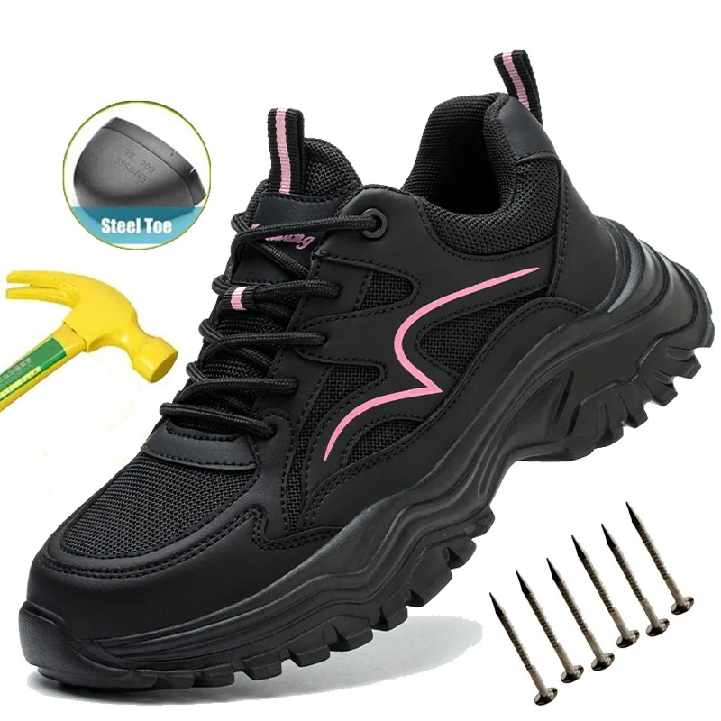 

Breathable Safety Shoes Womens Steel Toe Work Boots Puncture-Protective Work Boots Indestructible Safety Protective Boots Black