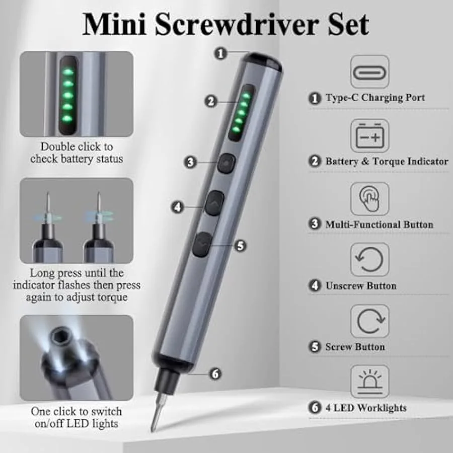 Mini Electric Screwdriver Set - 68 in 1 Power Screwdriver with Magnetic Bits - 64 S2 Universal Bits 5 Torque Settings 4 LED Lig