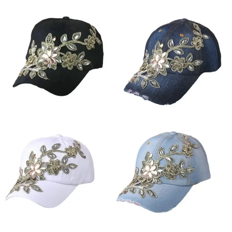 31BB Crystal Beaded Baseball Cap Embroidery Bejeweled Ponytail Hat Photo Props Adjustable Baseball Cap Flower Embroidery