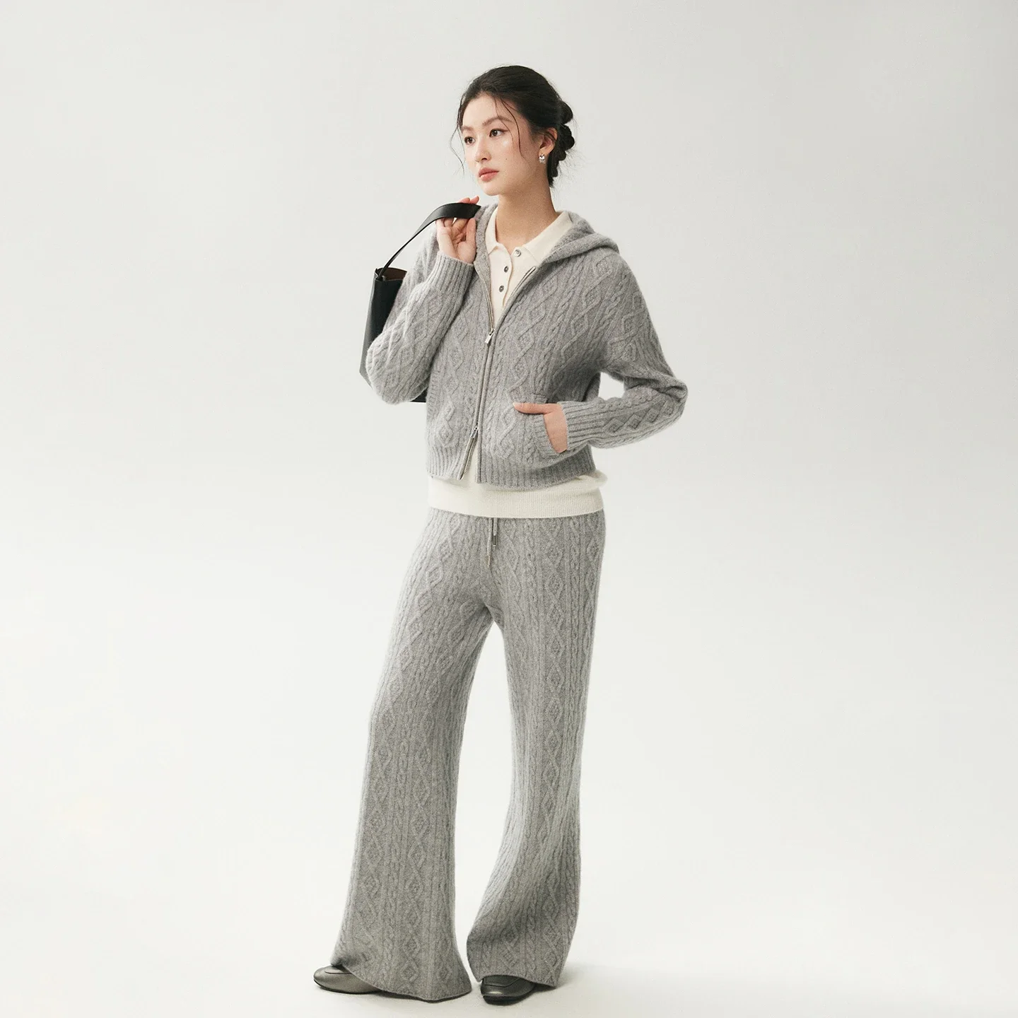 Tcyeek Women 100% Cashmere Sweater Pants Suit Thick Zipper Hoodie Cardigan Wide Leg Pants Autumn Winter Cashmere Knit Outfit
