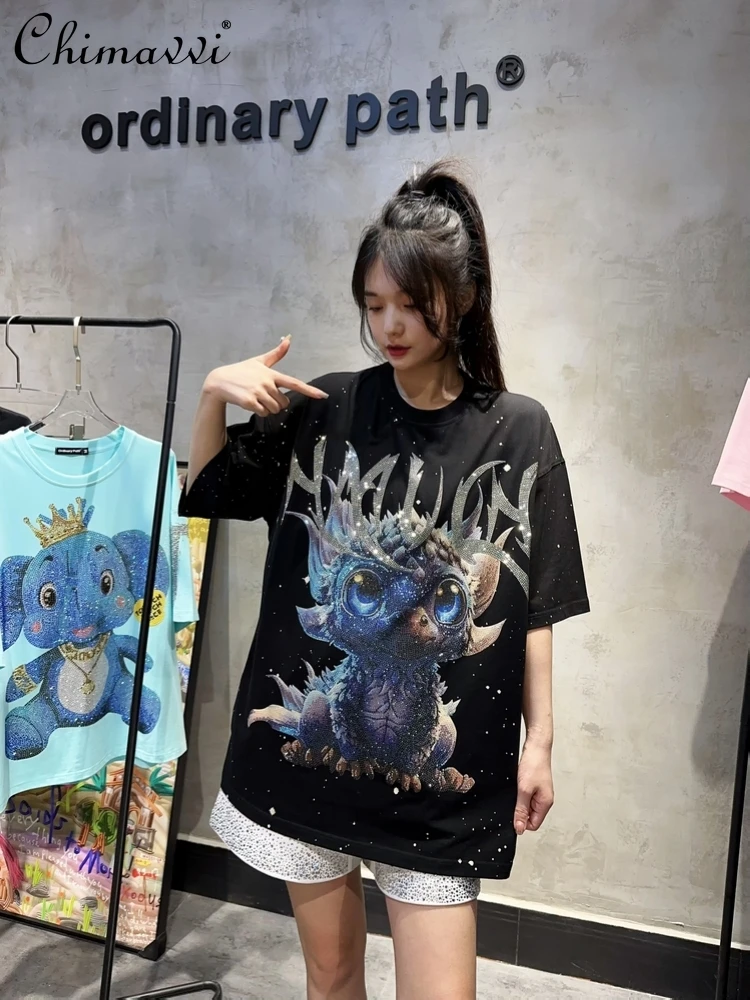 

Light Luxury Fashion Dragon Heavy Hot Drilling T-shirt Fashion Loose Splash-Ink Short Sleeve Streetwear Tshirts Top 2024 Summer