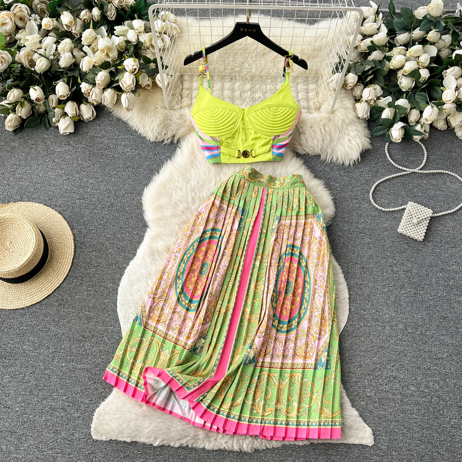 

Women Vintage Print Sets Sling Top Pleated Skirt Suit Summer Luxury Design Trendy Lady Elegant Party Dinner Banquets Evening Set