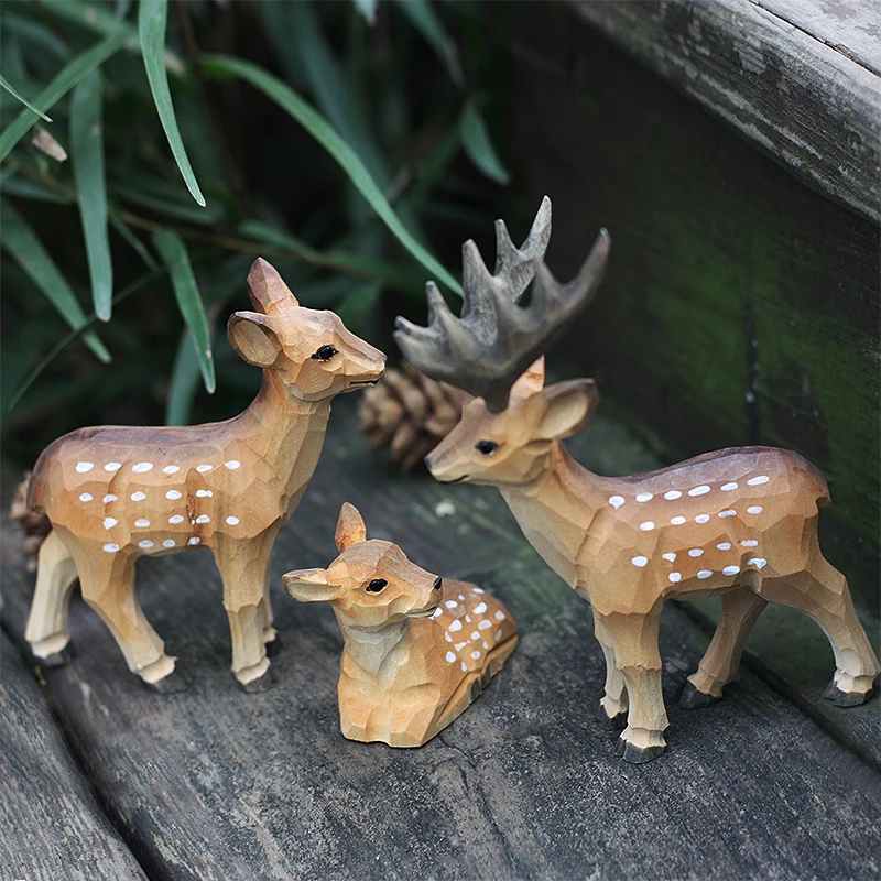 Handmade wood carving small deer male deers female deer sika deer ornaments solid wood animal crafts desktop decoration