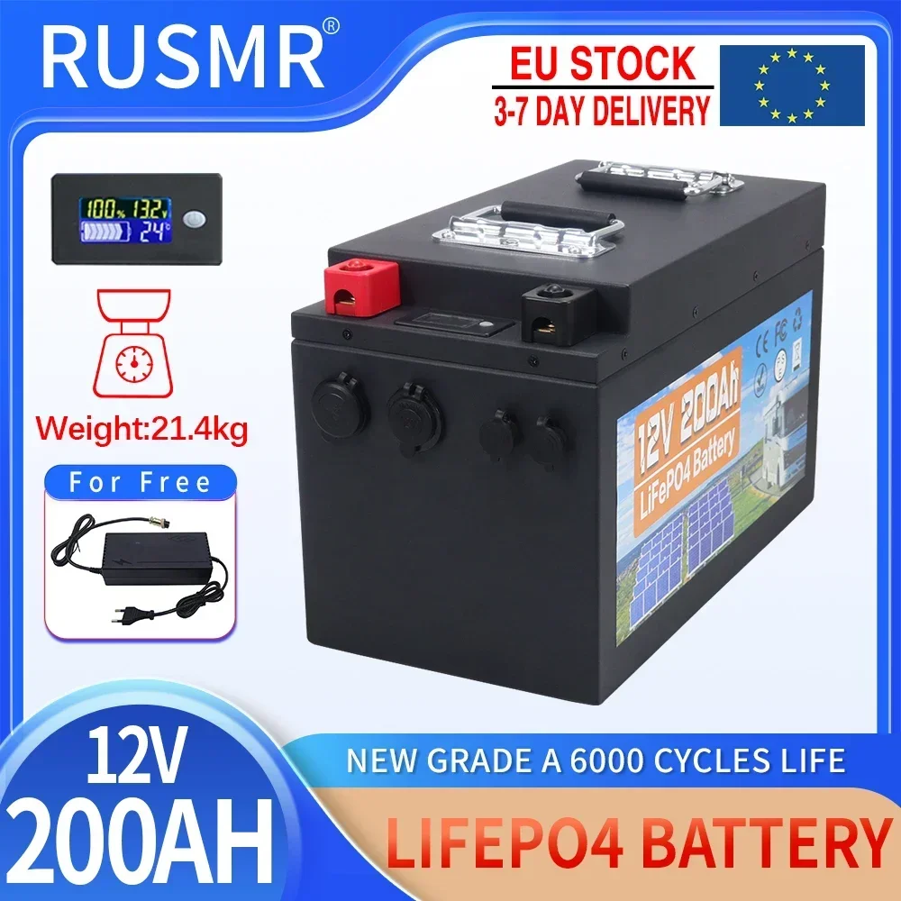 

New 12V 200Ah LiFePO4 Lithium Iron Phosphate Rechargeable Battery Bulit-in BMS For RV Campers Golf Cart Solar Storage + Charger