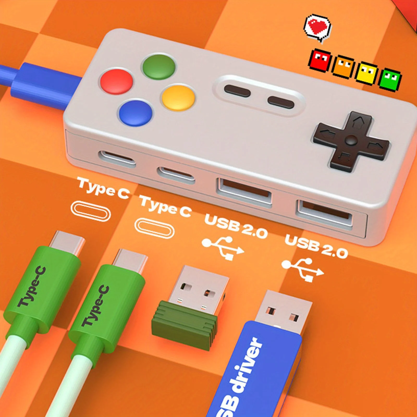 1 шт., мультяшный адаптер USB C с 2x USB + 2x адаптера типа C для клавиатуры, USB-накопитель, игровой контроллер для ноутбука, концентратор