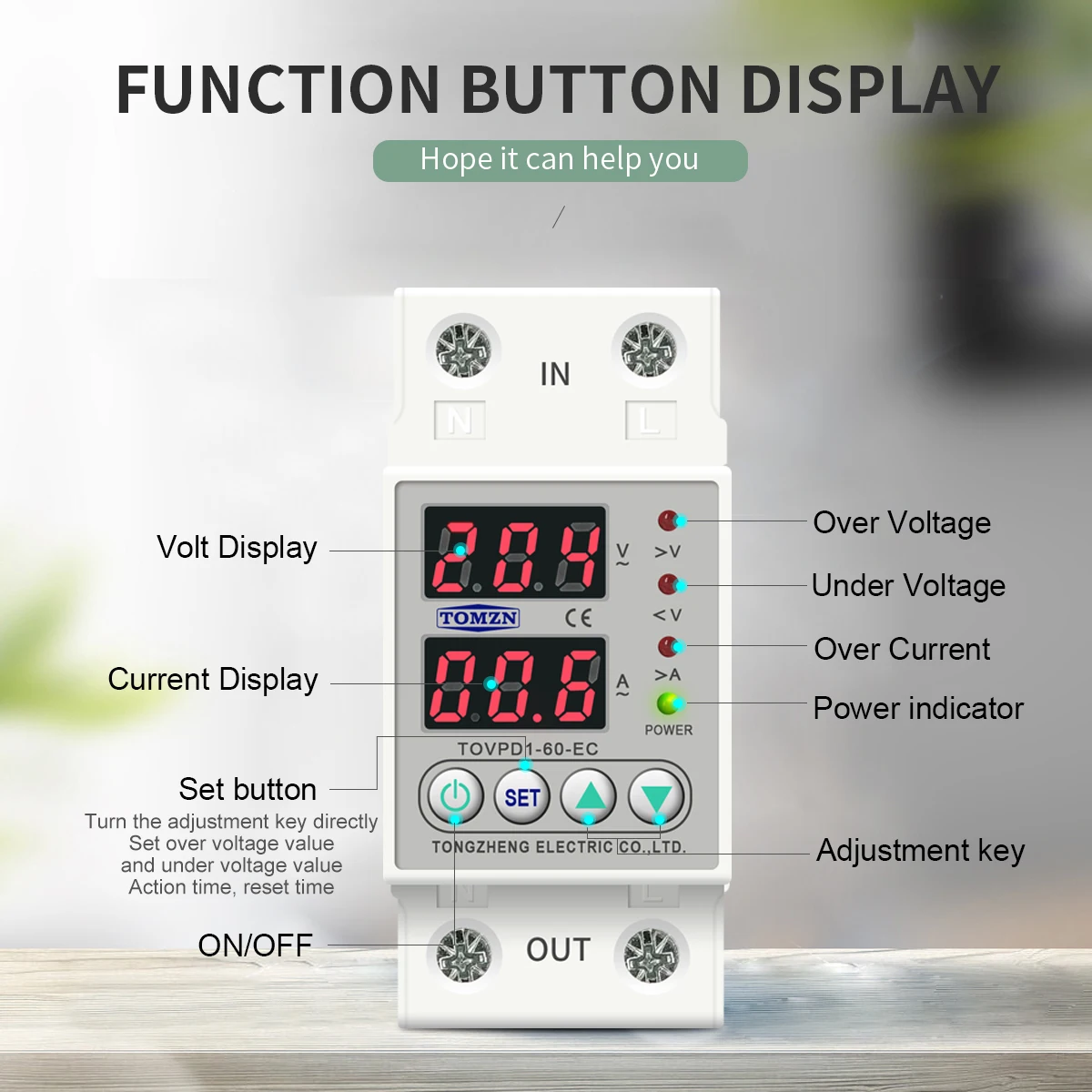 60A 230V Din rail réglable sur et sous tension dispositif de protection relais avec voltmètre de protection contre les surintensités