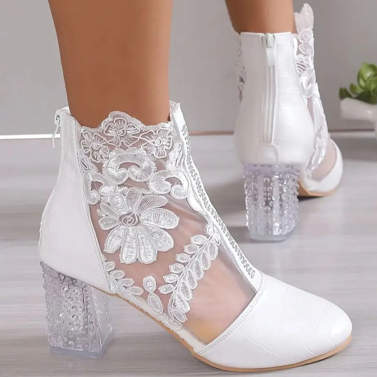 Womens Luxury Crystal Square Heeled Shoes See Through Mesh Floral Embroidery Zipper Formal Shoes Elegant Female Wedding Shoes