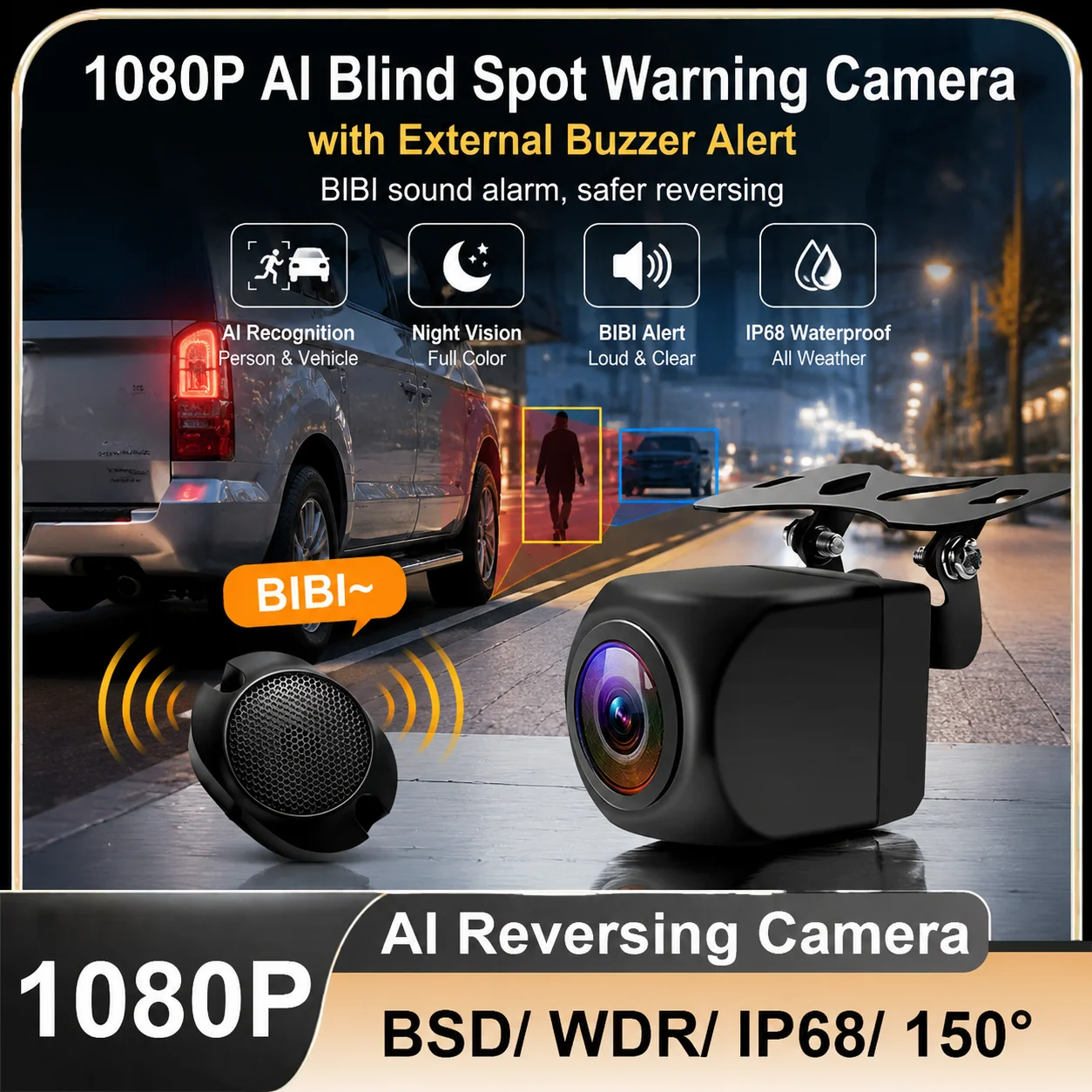 2MP 1080P Fisheye Lens Rear View Blind Spot Detection IP68 Waterproof 150° Driving Recorder 3D WDR Car Backup Reversing Camera