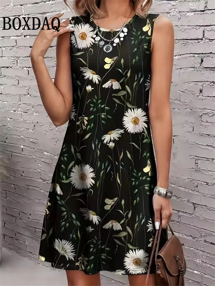 Summer Vest Beach Short Dress Women Loose Sundress Casual Sleeveless A-Line Dress Vintage Women's Tank Flowers 3D Print Dresses