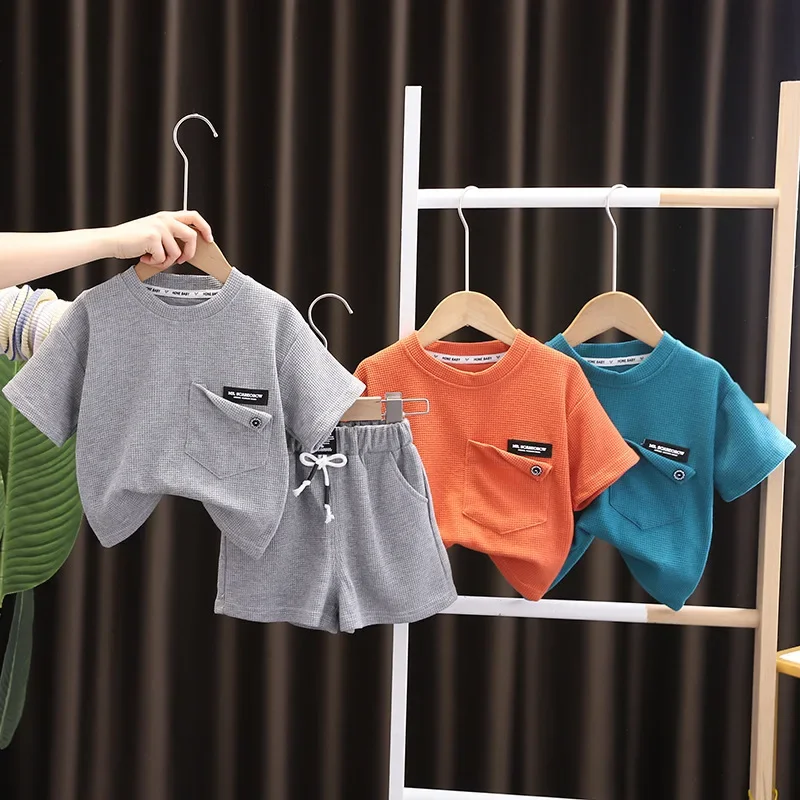 New Boys Short sleeved Casual Solid Color Children's Wear Two Piece Set Korean Fashion Set Trendy