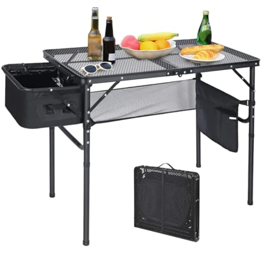 Folding Portable Grill Table with Sink for Outside, Lightweight Aluminum Metal Grill Stand Picnic Table for Camping Cooking BBQ