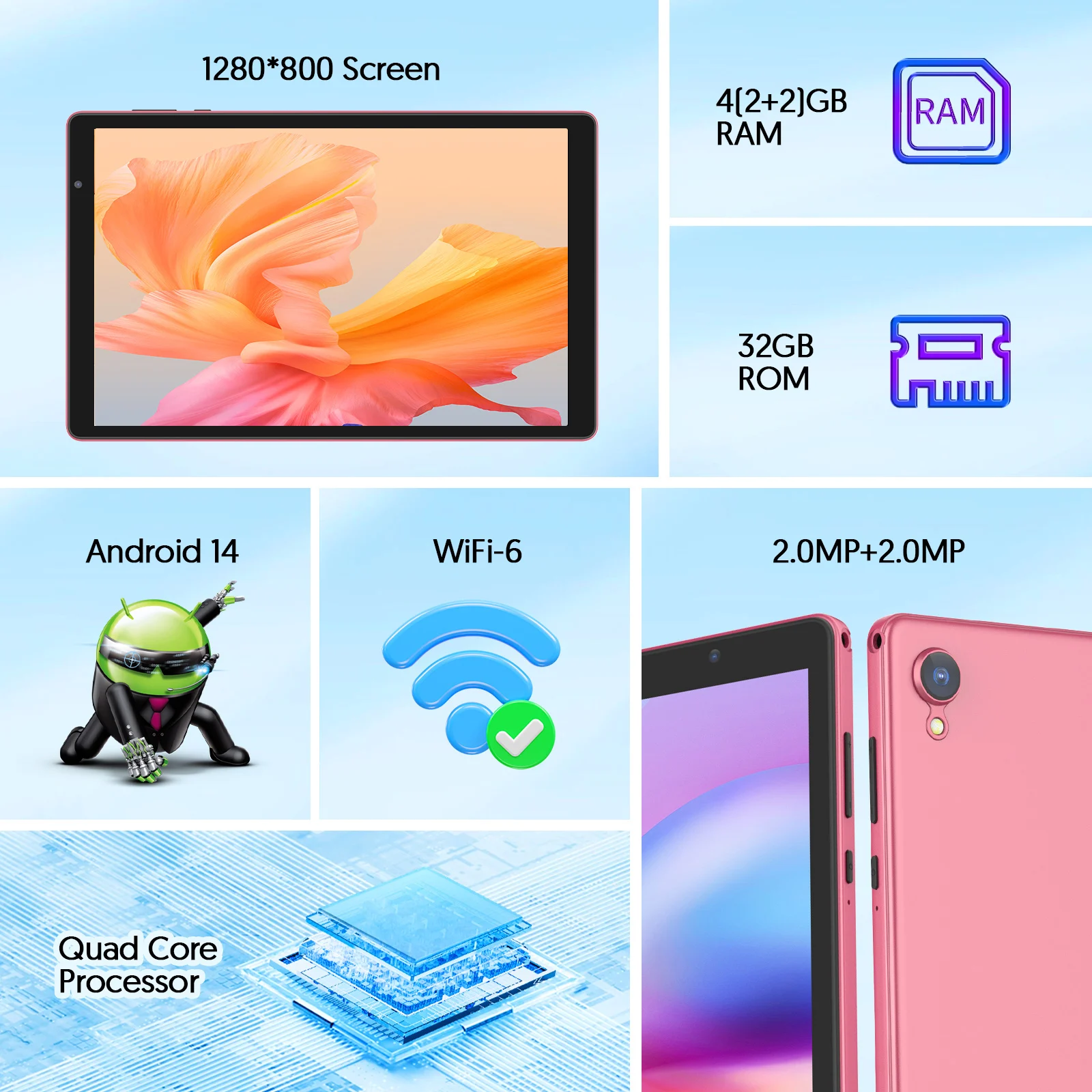 BAKEN Tablet Android 14 de 10 polegadas, processador Quad-core, armazenamento de 32 GB, Wi-Fi 6, Bluetooth, porta USB-C, Google Play Store (GMS)