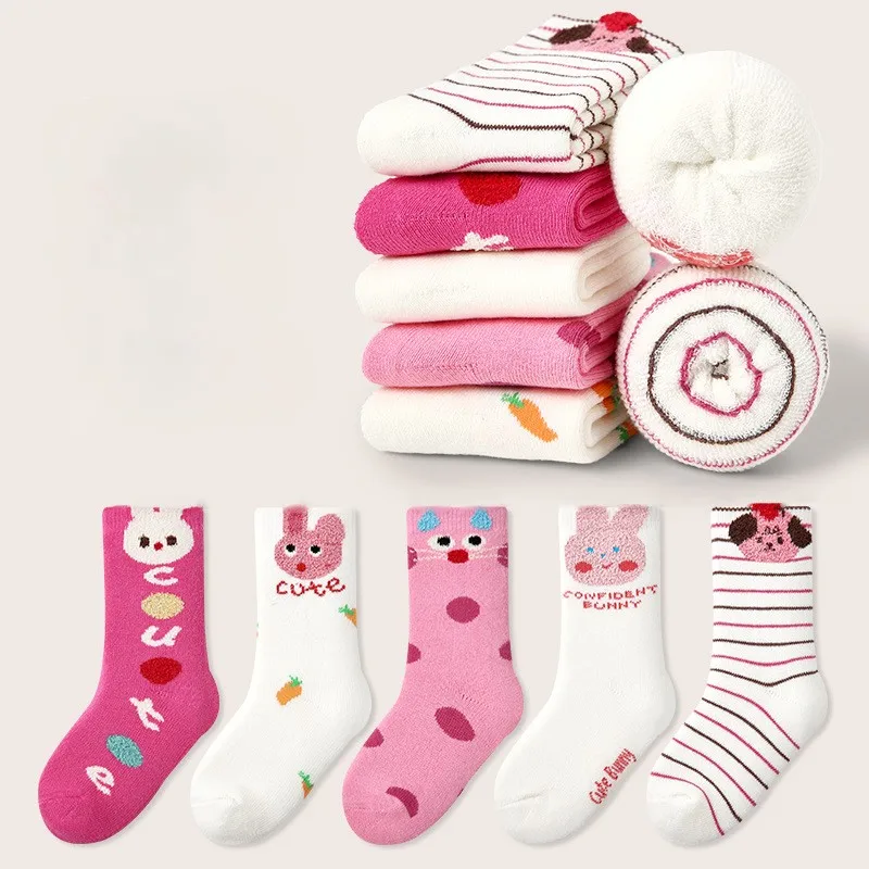 5 Pairs of Cute Children's Warm Socks with Thick Lamb Fleece Lining for Autumn and Winter, Featuring an Adorable Pink Bunny Desi