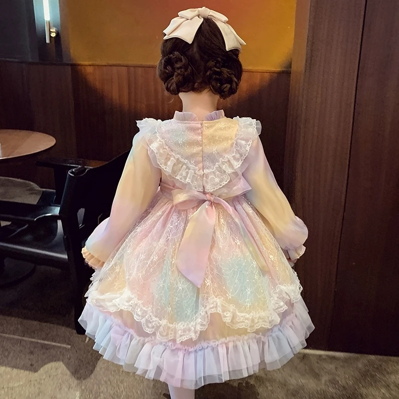 Lolita Baby Girl Princess Dress Fashion Children's Puffy Rainbow Mesh Lace Bow Children Dress Kids Clothes For Holiday Christmas