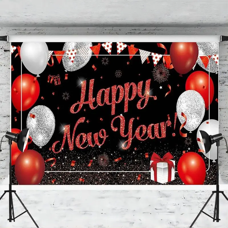 Happy New Year Backdrop Banner Black and Red Photo Booth Background for Photography Party Decorations Supplies Outdoor Indoor