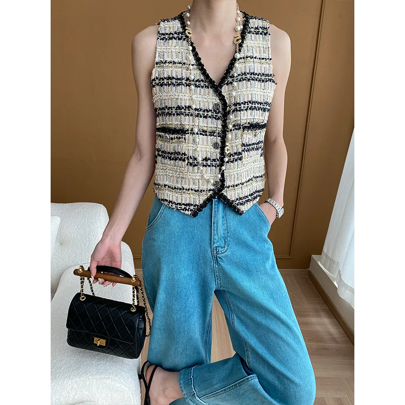 Small Fragrant Tweed Vest Jacket Spring New Fashion Casual Basic Korea Chic V-neck High Quality Sleeveless Women Plaid Vest