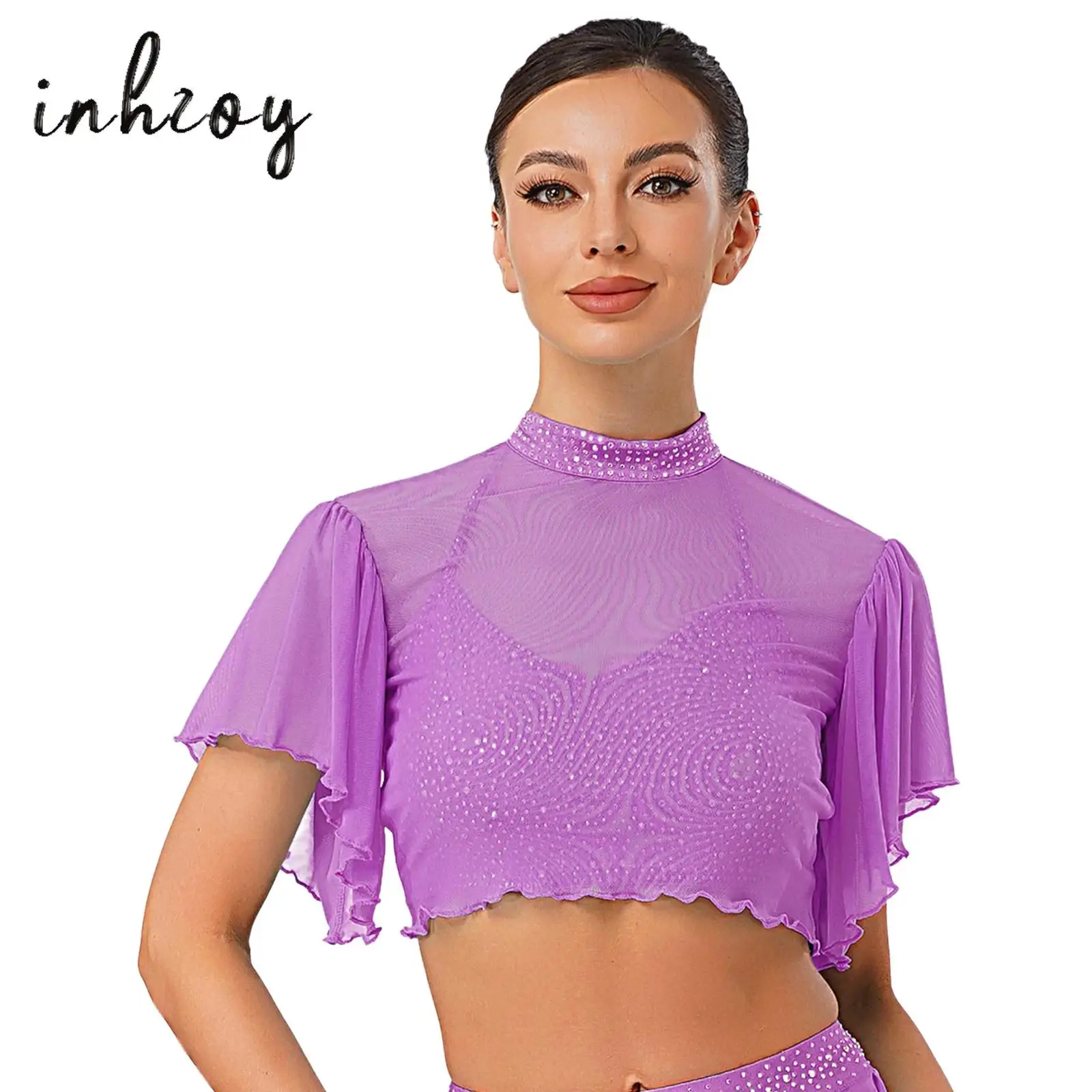

Womens Lyrical Dance Cover Up Top Cardigan Rhinestone Mock Neck Short Sleeve Open Back Sheer Mesh Crop for Ballet Modern Dance